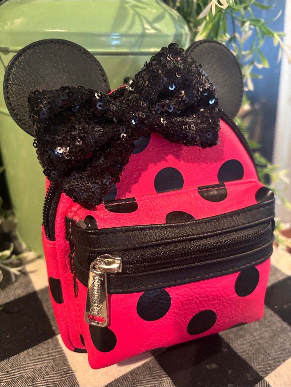 Loungefly Pink and Black Polka Dot Minnie Ear Mini Backpack - Picture 2 of 5